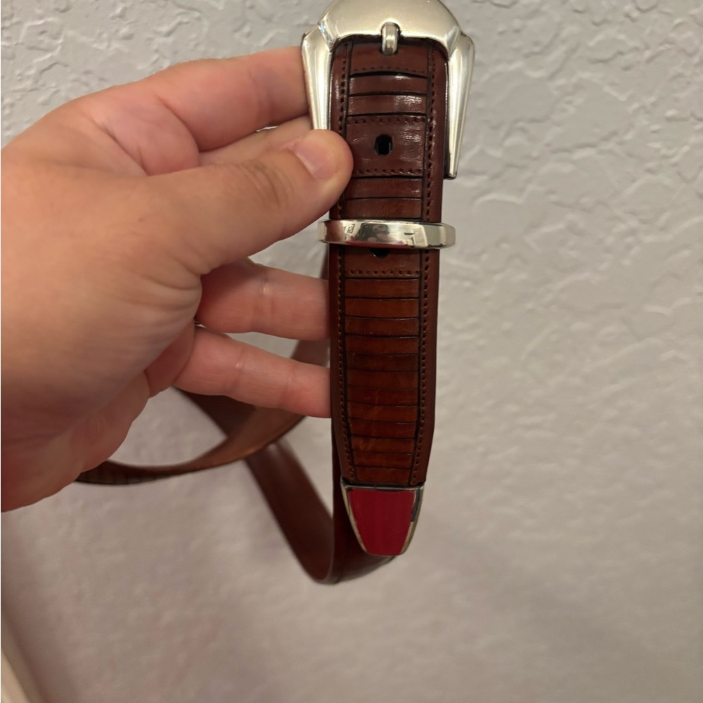 Mezlan Leather Belt Mens Size 40 Brown Striped Dress Classic Buckle Spain 1.25In - Picture 2 of 4